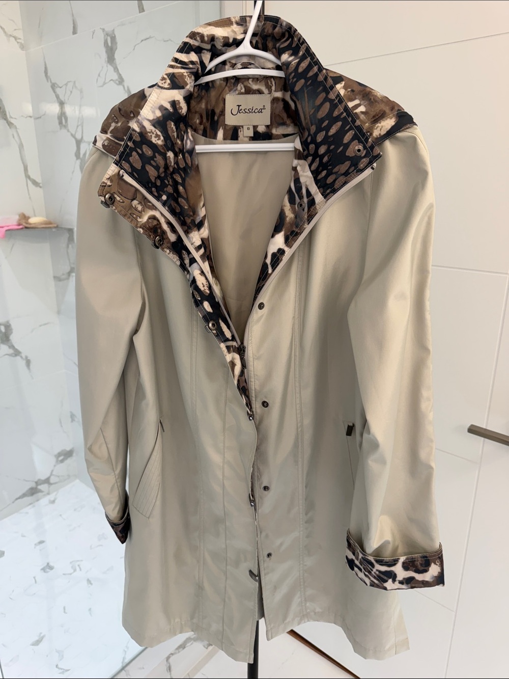 Jessica Light Beige Trench Coat with Animal-Print Trim